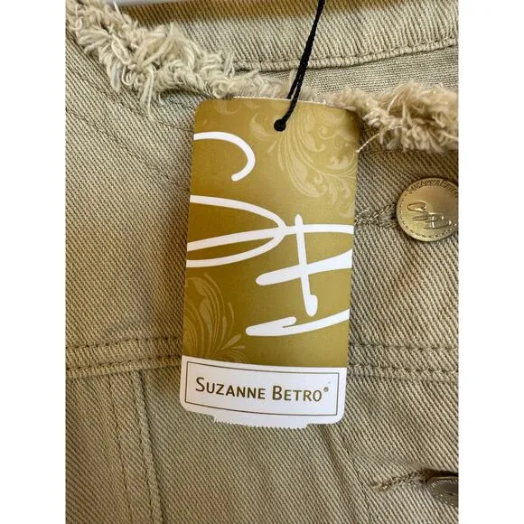 Suzanne Betro Denim Jacket Women Plus SZ 4X Khaki Chambray Beige Classic Frayed