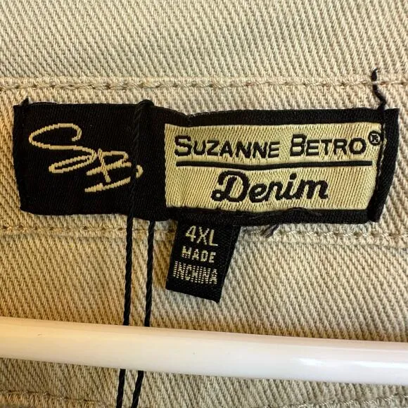 Suzanne Betro Denim Jacket Women Plus SZ 4X Khaki Chambray Beige Classic Frayed