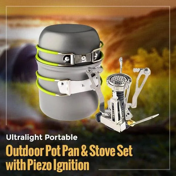 Ultralight Portable Outdoor Pot Pan & Stove Set with Piezo Ignition