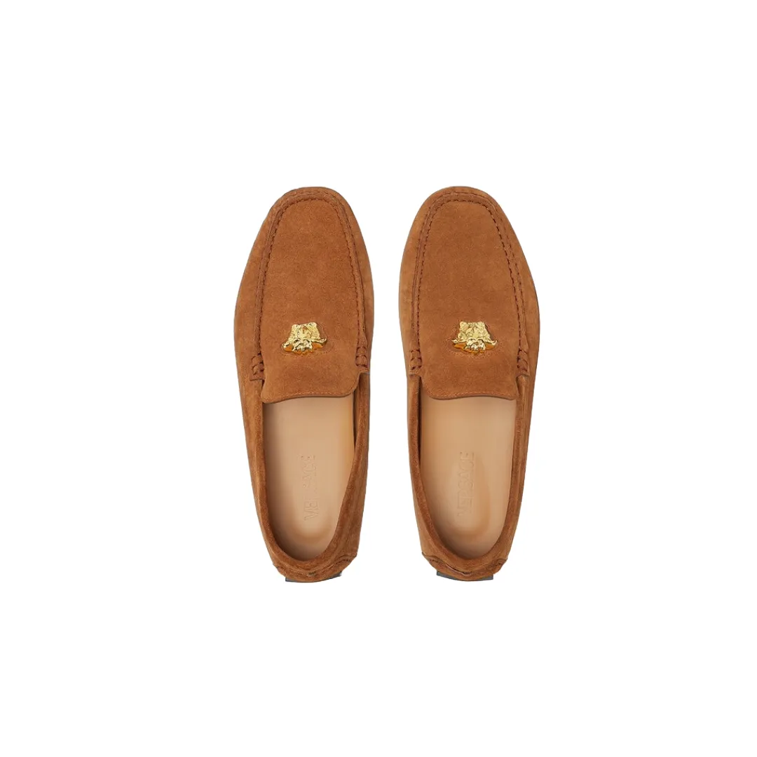 VERSACE STUDDED GRECA LA MEDUSA SUEDE DRIVER SHOES TOFFEE