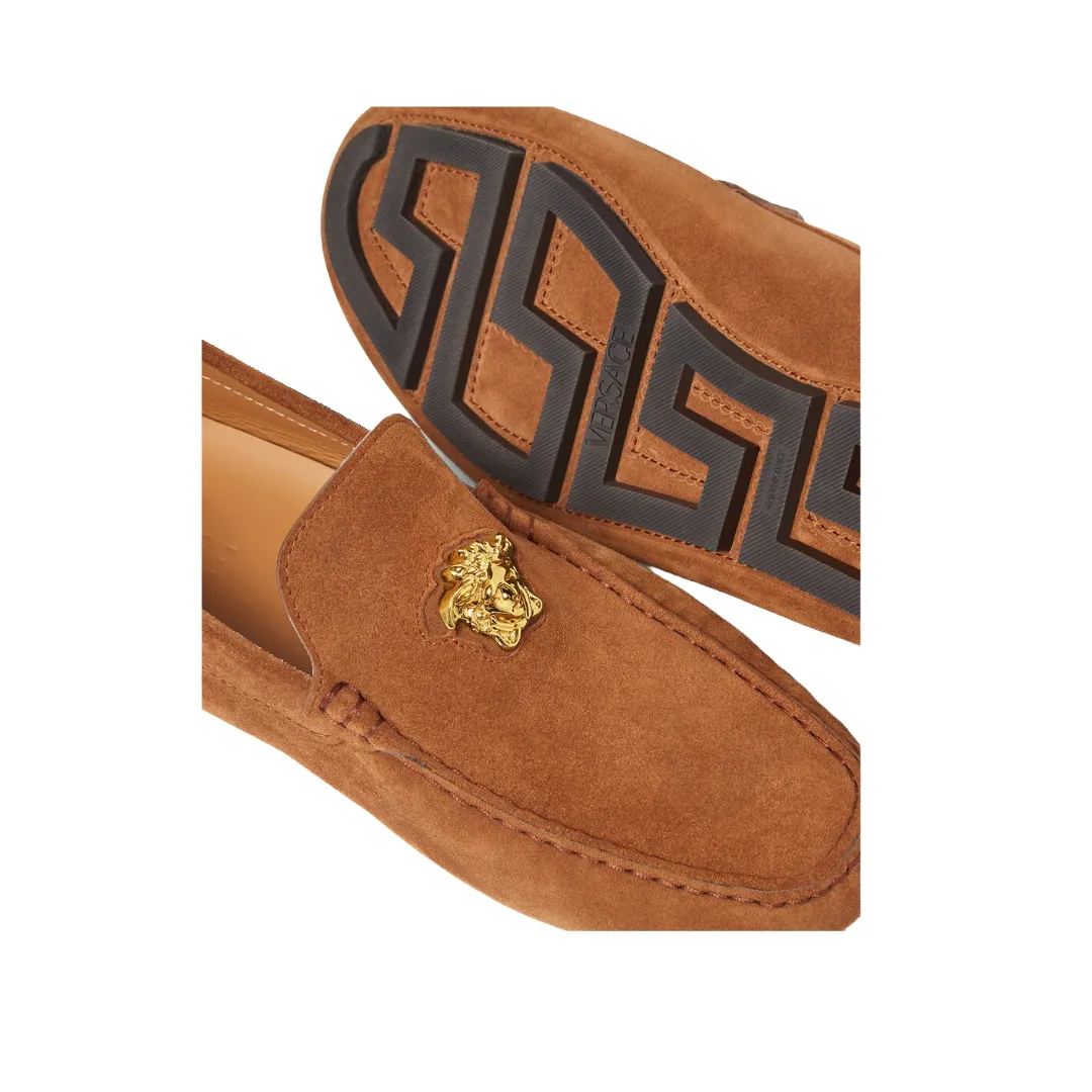 VERSACE STUDDED GRECA LA MEDUSA SUEDE DRIVER SHOES TOFFEE
