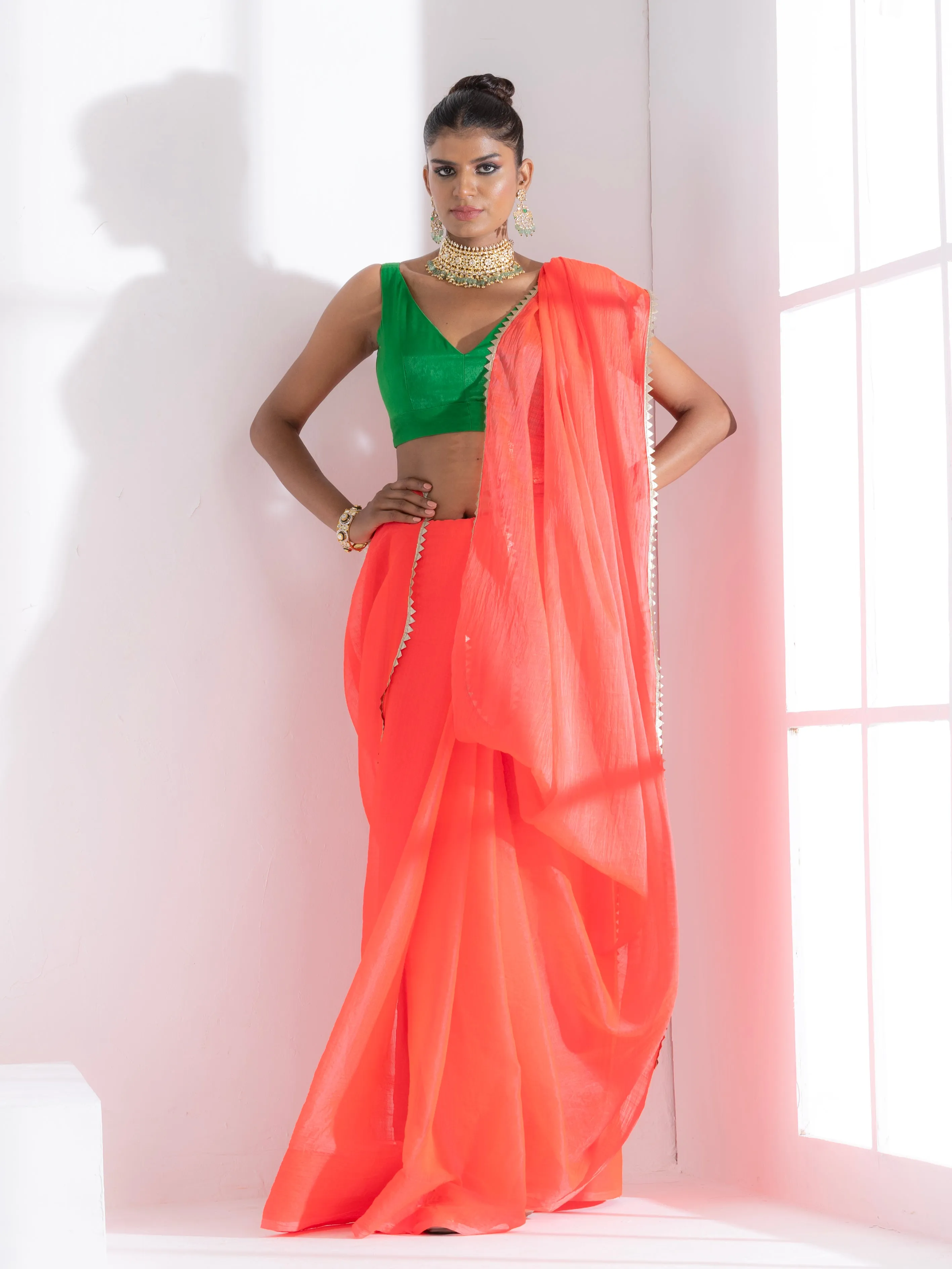 Watermelon Pink Chiffon Saree with Lace and Green Posh Blouse Fabric