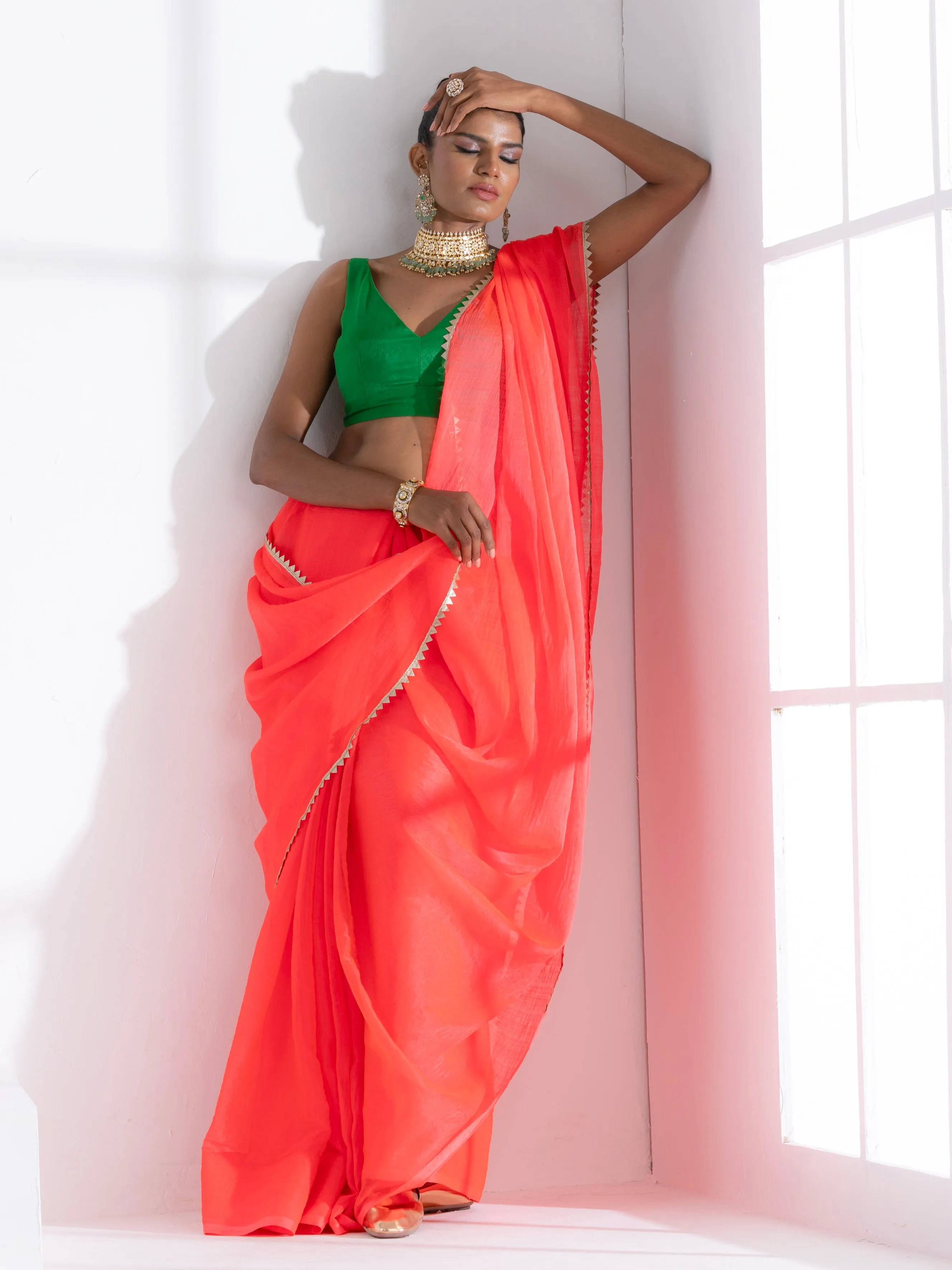 Watermelon Pink Chiffon Saree with Lace and Green Posh Blouse Fabric