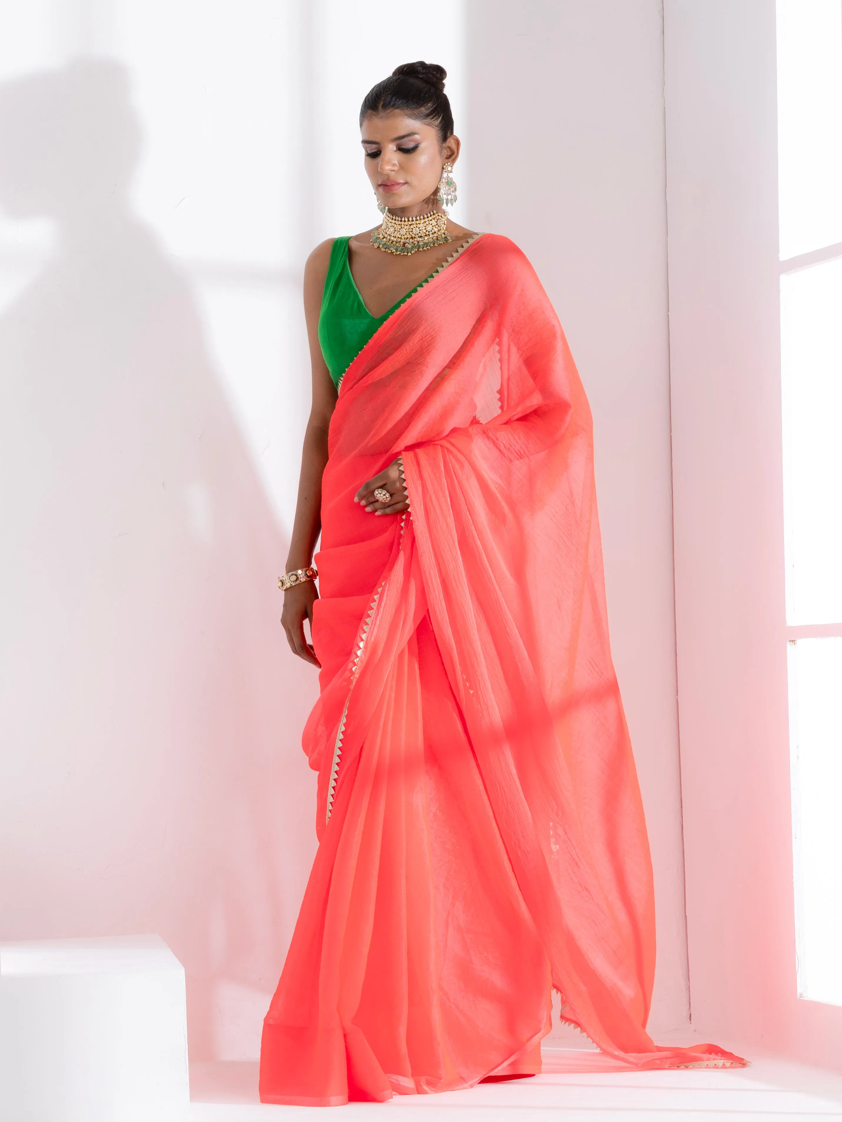 Watermelon Pink Chiffon Saree with Lace and Green Posh Blouse Fabric