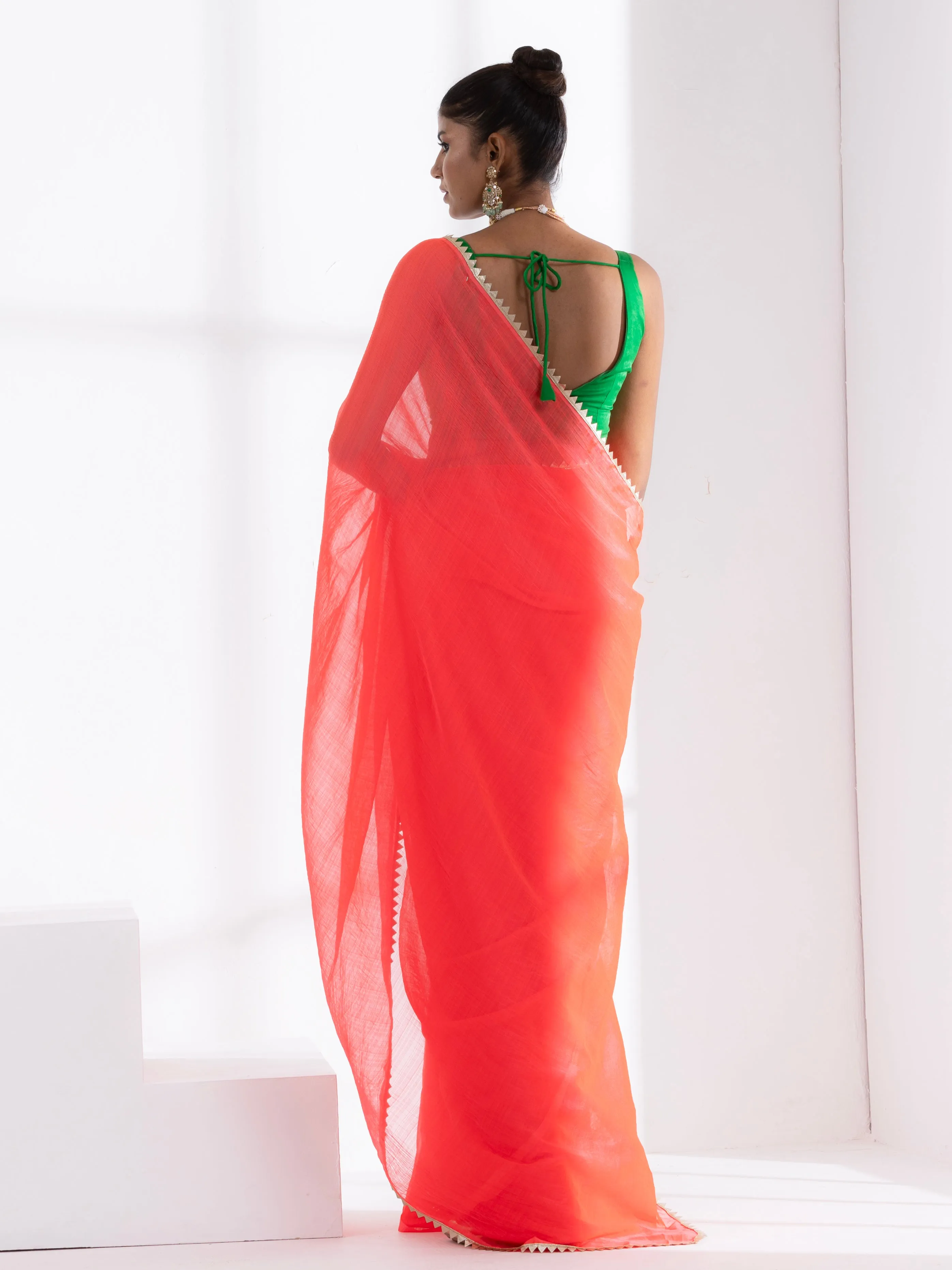 Watermelon Pink Chiffon Saree with Lace and Green Posh Blouse Fabric