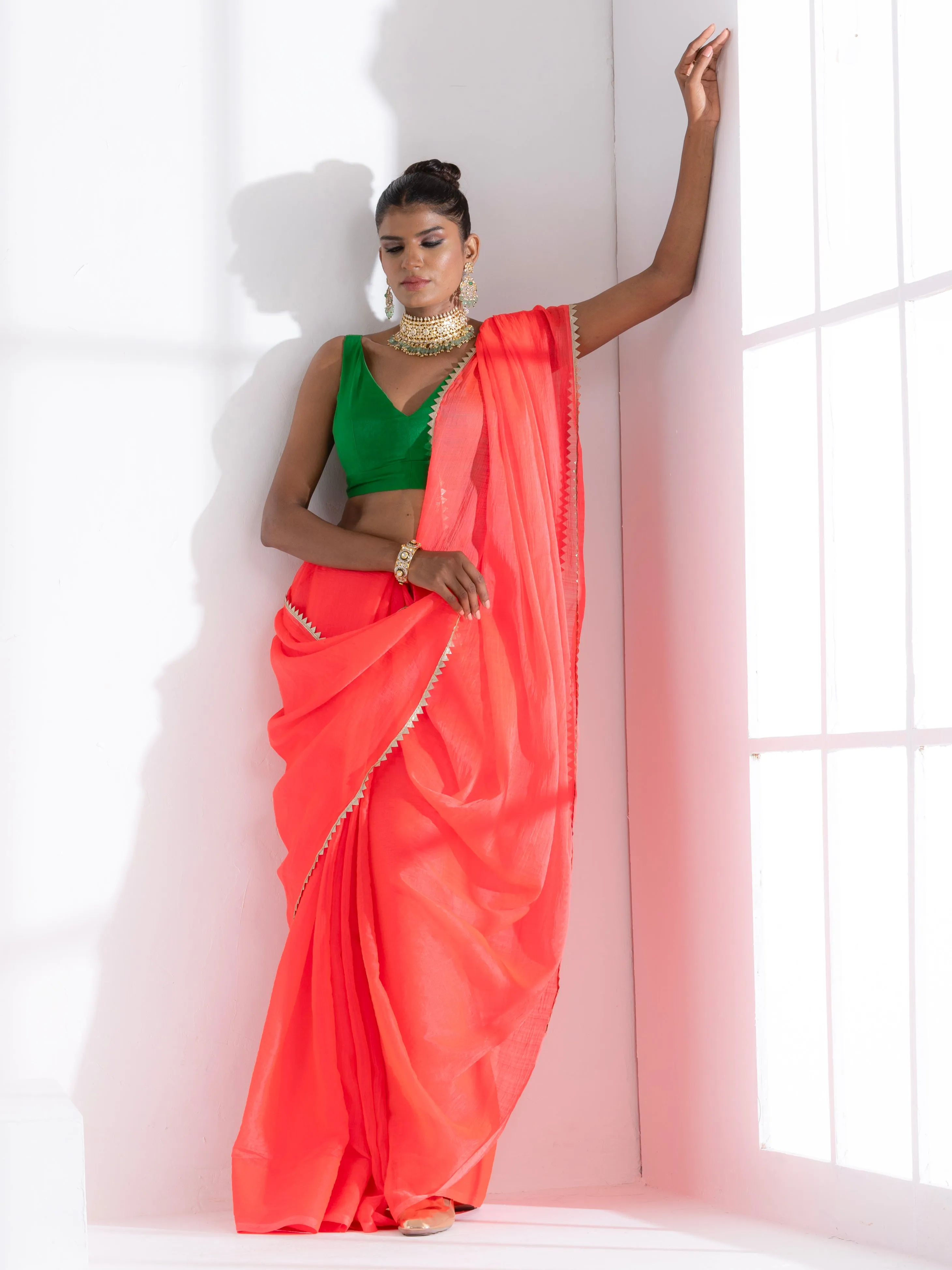 Watermelon Pink Chiffon Saree with Lace and Green Posh Blouse Fabric