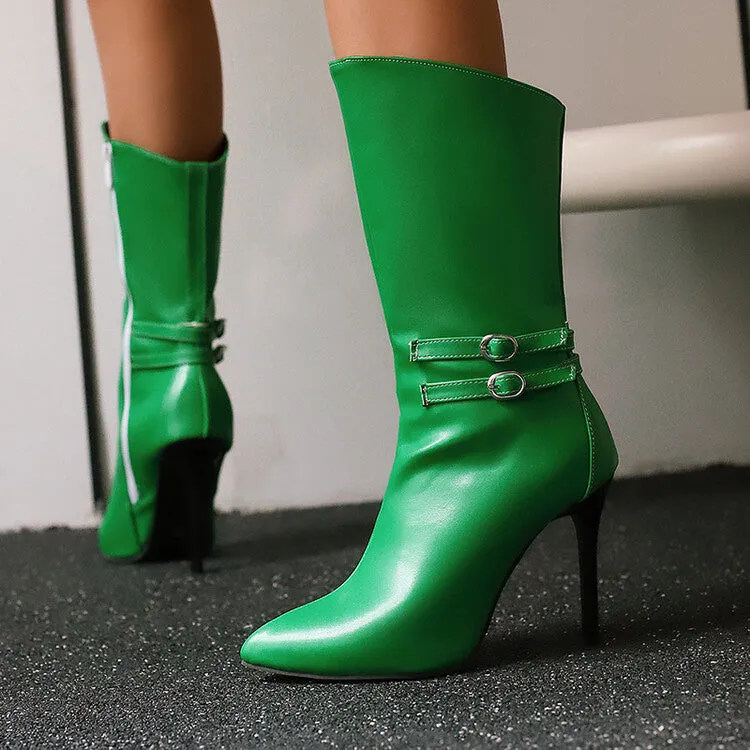Women's Buckle Strap Pointed Toe Thin Heel Mid-Calf Boots