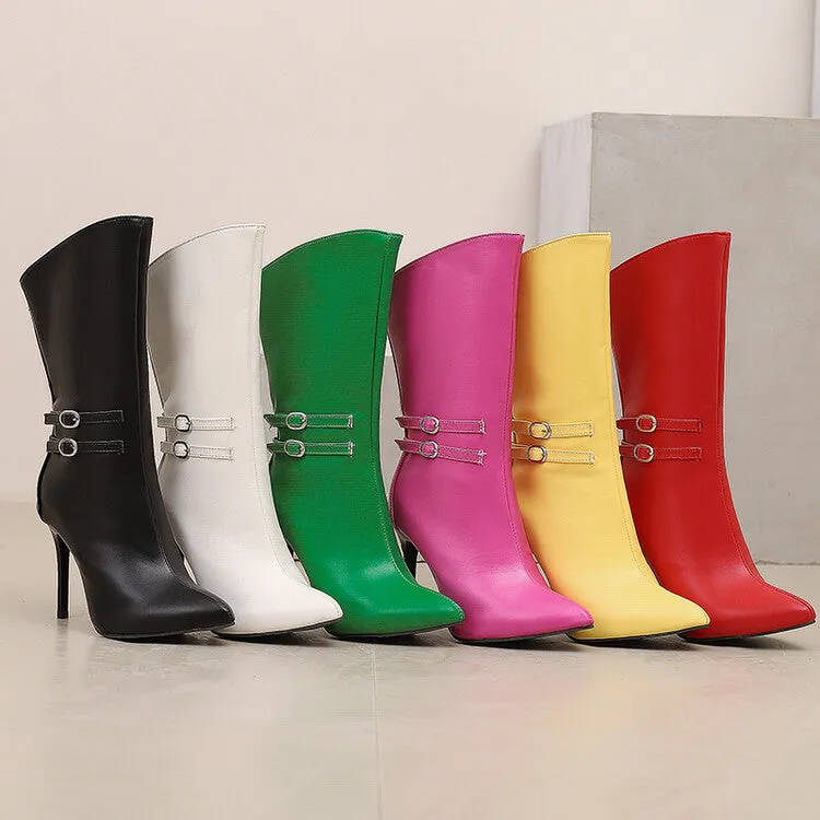 Women's Buckle Strap Pointed Toe Thin Heel Mid-Calf Boots