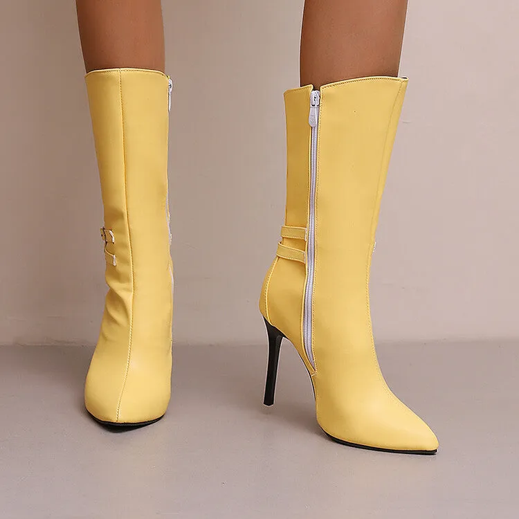Women's Buckle Strap Pointed Toe Thin Heel Mid-Calf Boots