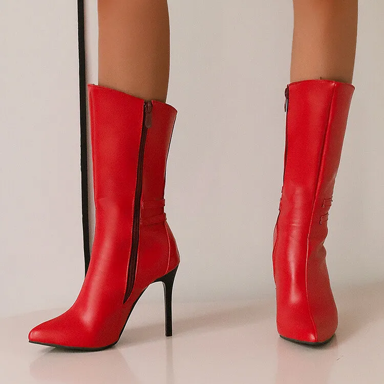 Women's Buckle Strap Pointed Toe Thin Heel Mid-Calf Boots