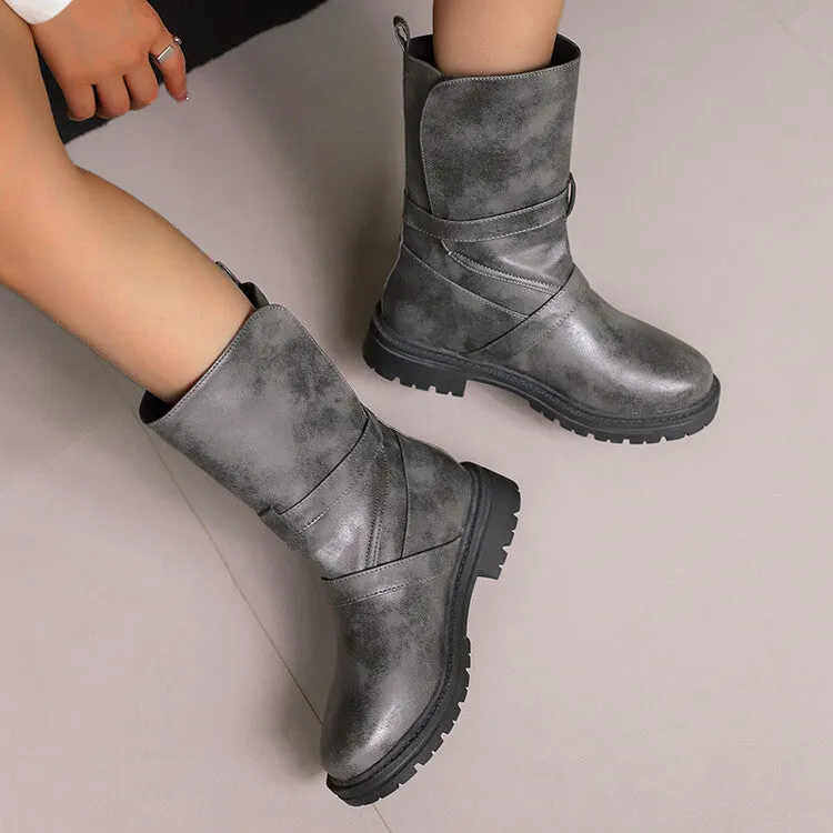 Women's Buckle Strap Round Toe Flat Mid Calf Boots