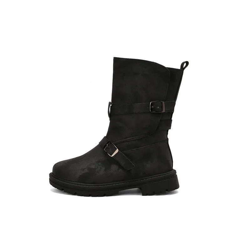 Women's Buckle Strap Round Toe Flat Mid Calf Boots