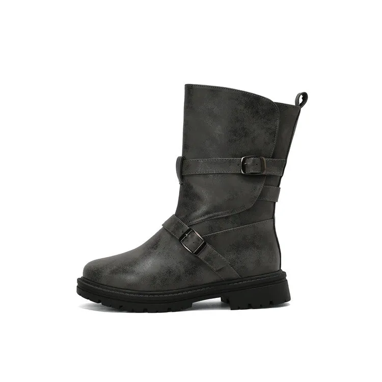 Women's Buckle Strap Round Toe Flat Mid Calf Boots
