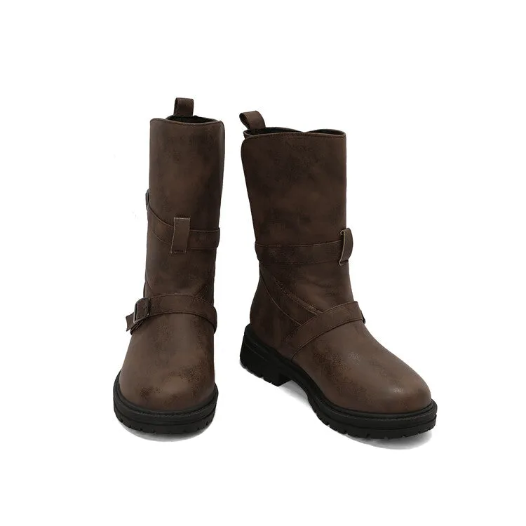Women's Buckle Strap Round Toe Flat Mid Calf Boots