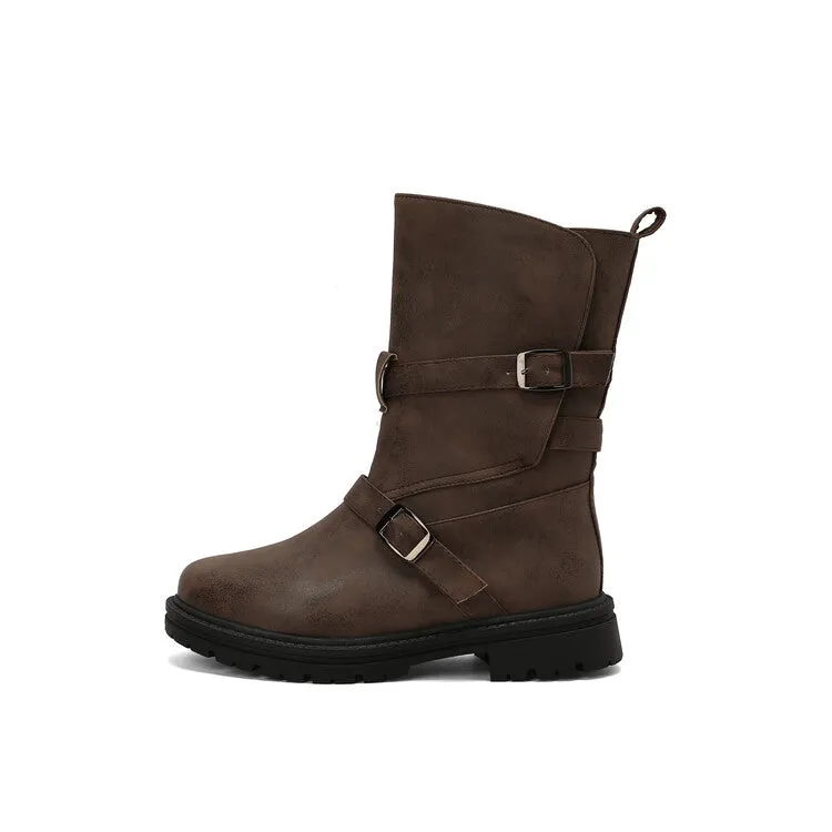 Women's Buckle Strap Round Toe Flat Mid Calf Boots