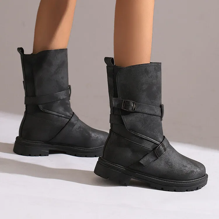 Women's Buckle Strap Round Toe Flat Mid Calf Boots