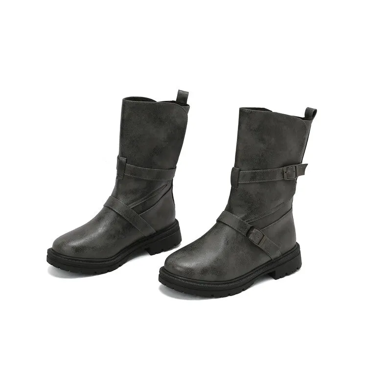 Women's Buckle Strap Round Toe Flat Mid Calf Boots
