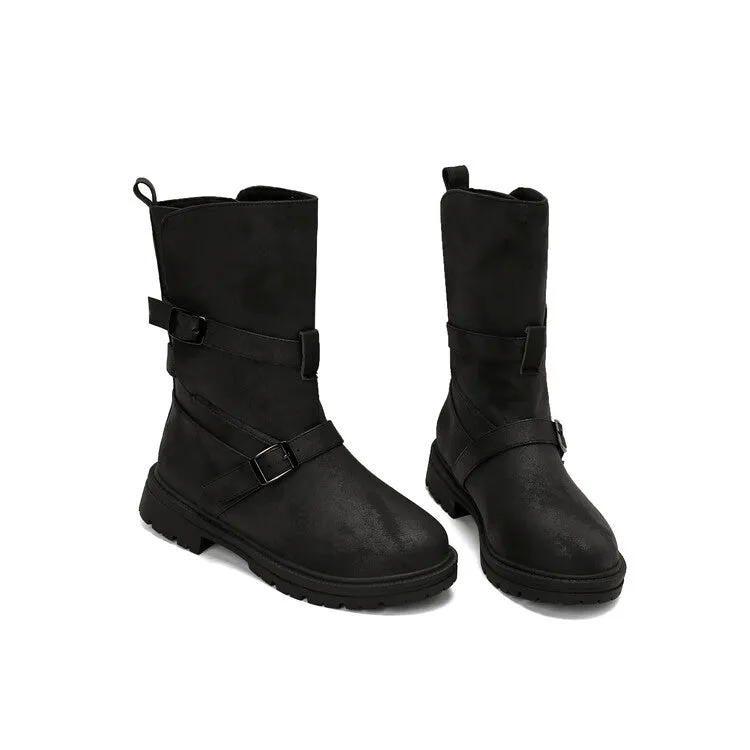 Women's Buckle Strap Round Toe Flat Mid Calf Boots