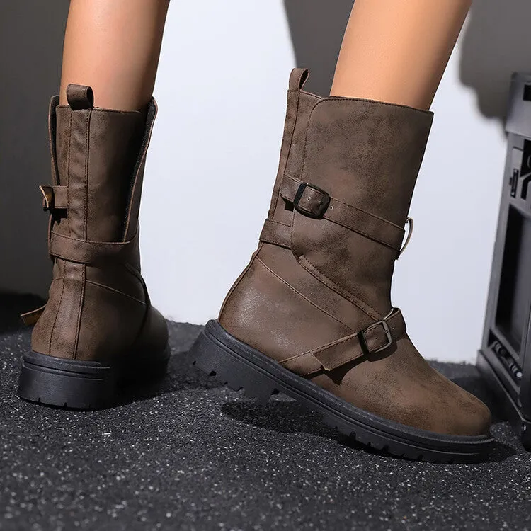 Women's Buckle Strap Round Toe Flat Mid Calf Boots