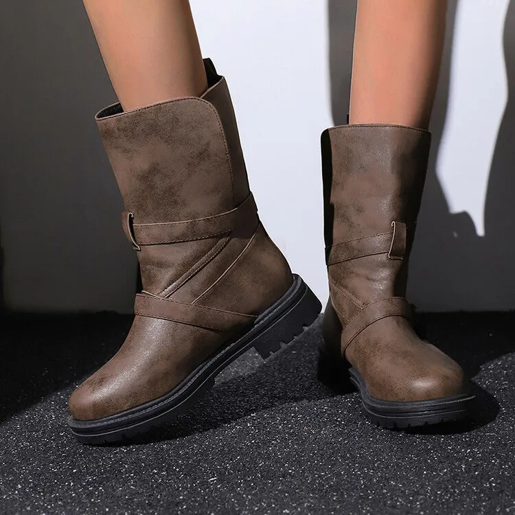 Women's Buckle Strap Round Toe Flat Mid Calf Boots