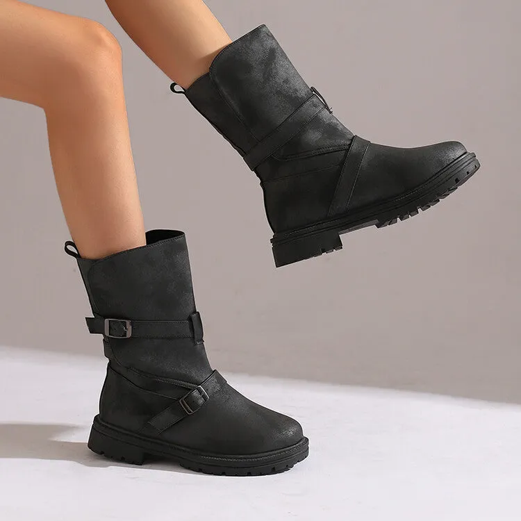 Women's Buckle Strap Round Toe Flat Mid Calf Boots