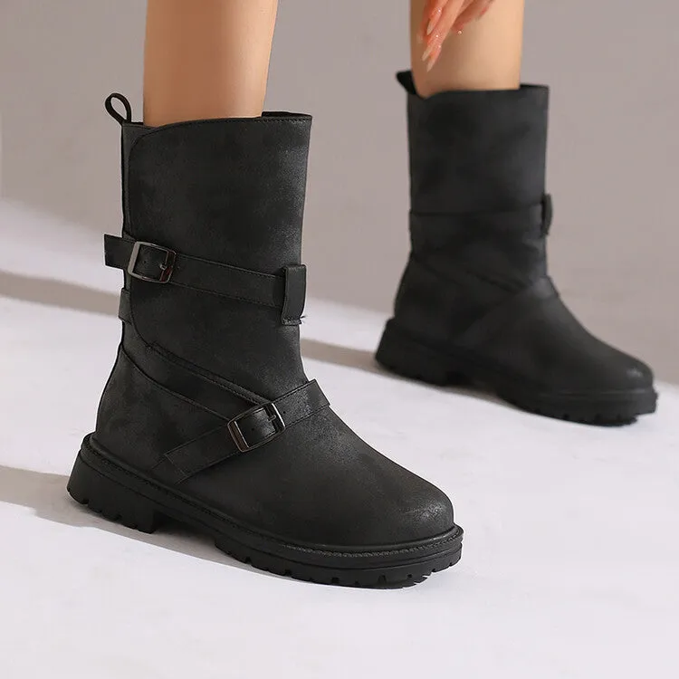 Women's Buckle Strap Round Toe Flat Mid Calf Boots