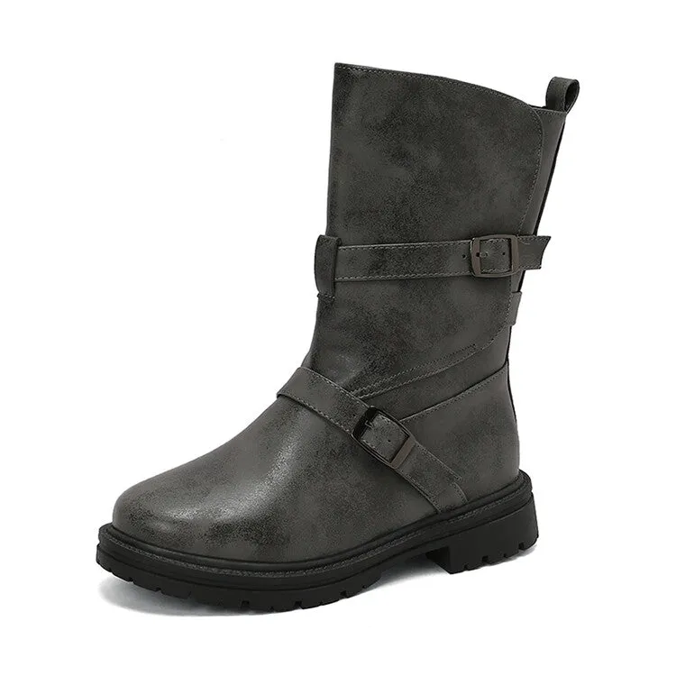 Women's Buckle Strap Round Toe Flat Mid Calf Boots