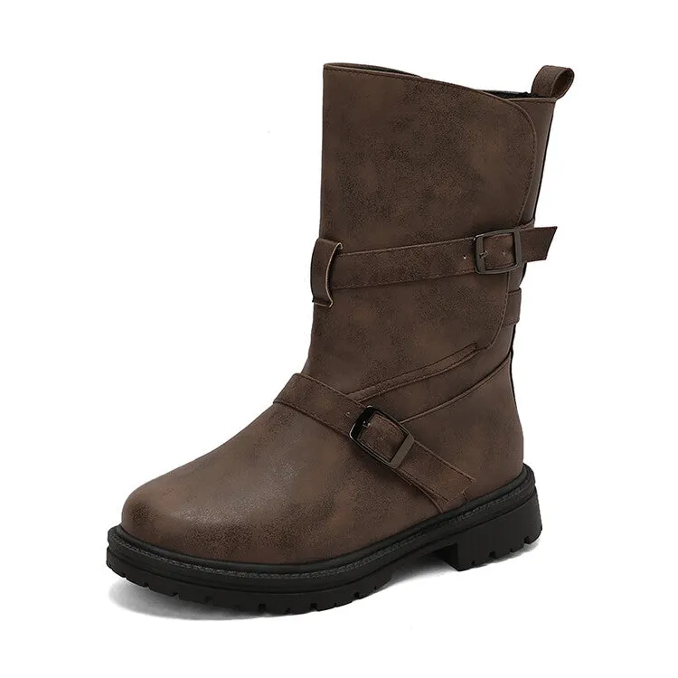 Women's Buckle Strap Round Toe Flat Mid Calf Boots