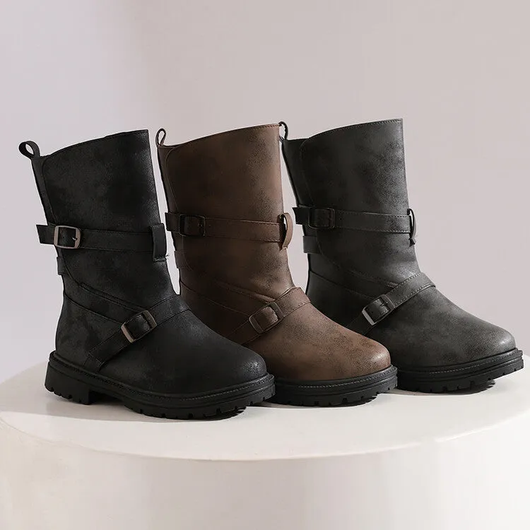 Women's Buckle Strap Round Toe Flat Mid Calf Boots