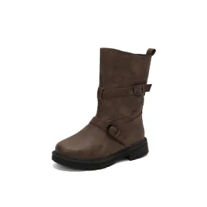 Women's Buckle Strap Round Toe Flat Mid Calf Boots