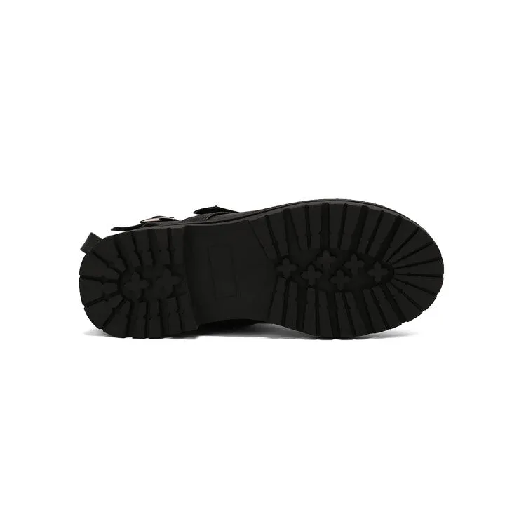 Women's Buckle Strap Round Toe Flat Mid Calf Boots
