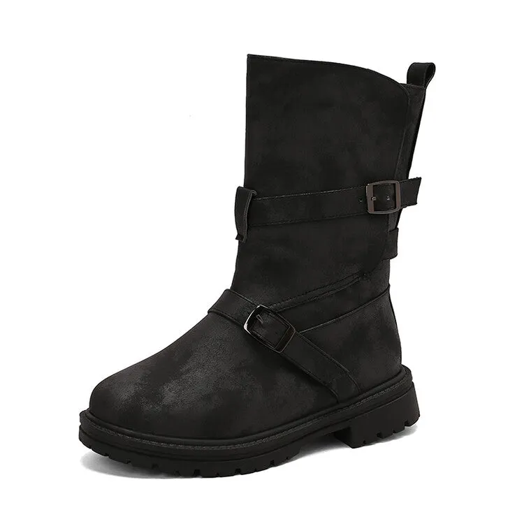 Women's Buckle Strap Round Toe Flat Mid Calf Boots