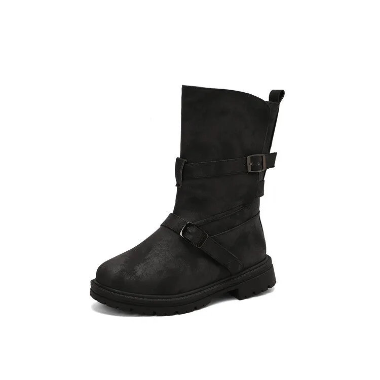 Women's Buckle Strap Round Toe Flat Mid Calf Boots
