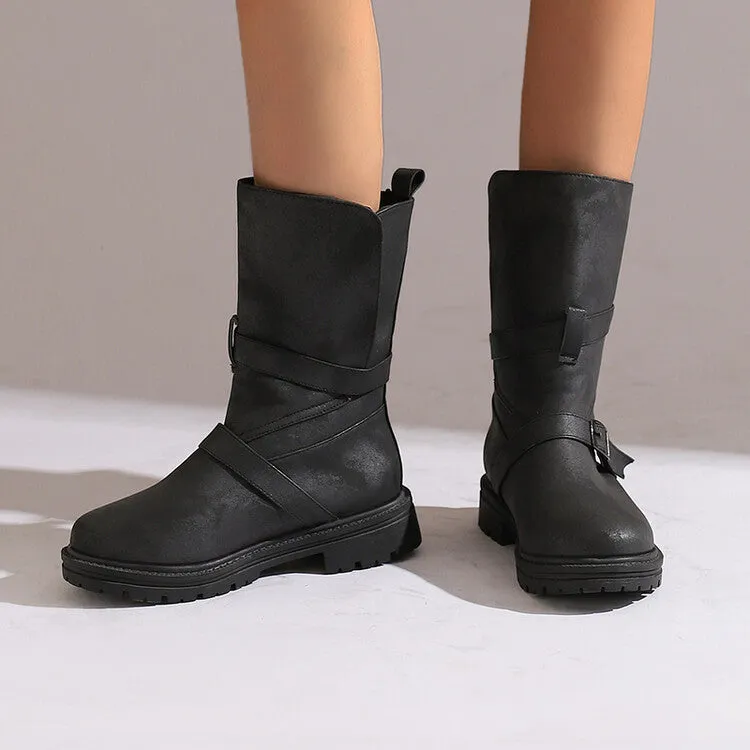 Women's Buckle Strap Round Toe Flat Mid Calf Boots