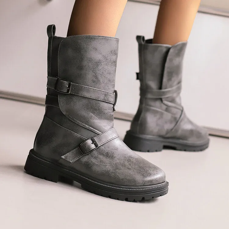 Women's Buckle Strap Round Toe Flat Mid Calf Boots