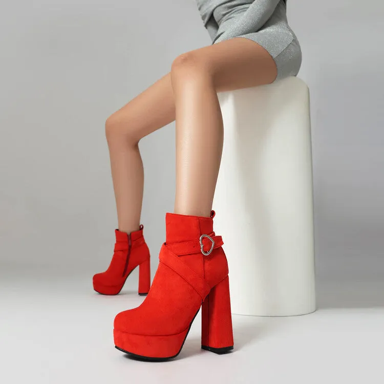 Women's Buckle Strap Round Toe High Heels Platform Ankle Boots