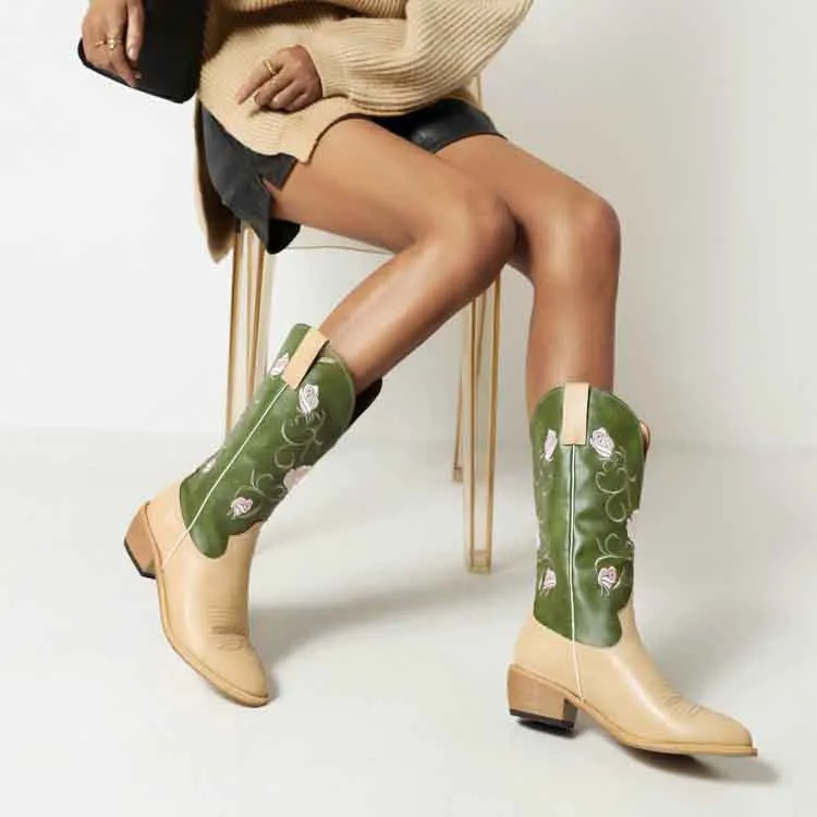Women's Embroidered Printed Western Cowgirl Boots Mid Calf Chunky Heel Boots