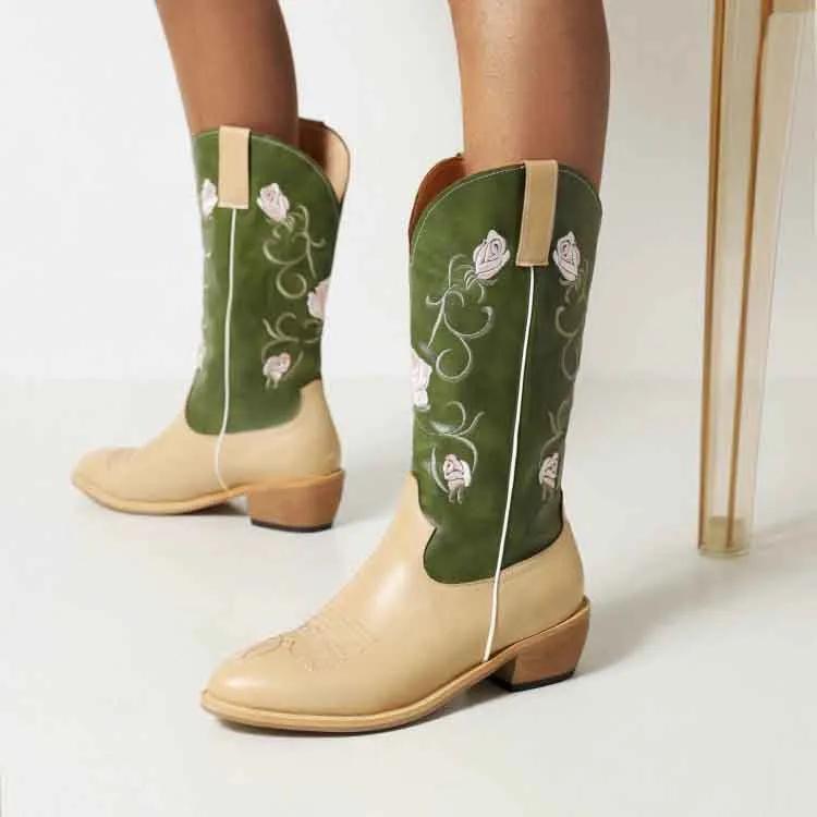Women's Embroidered Printed Western Cowgirl Boots Mid Calf Chunky Heel Boots
