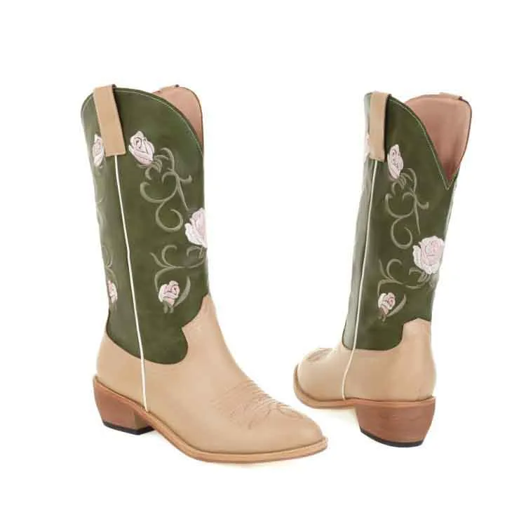 Women's Embroidered Printed Western Cowgirl Boots Mid Calf Chunky Heel Boots