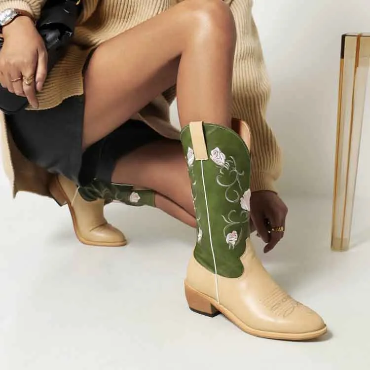 Women's Embroidered Printed Western Cowgirl Boots Mid Calf Chunky Heel Boots