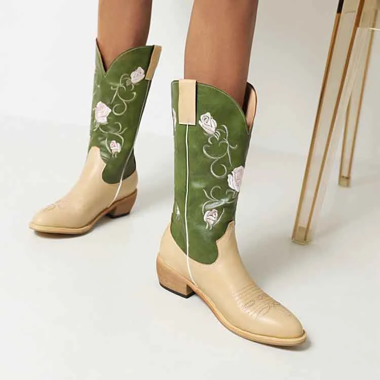 Women's Embroidered Printed Western Cowgirl Boots Mid Calf Chunky Heel Boots