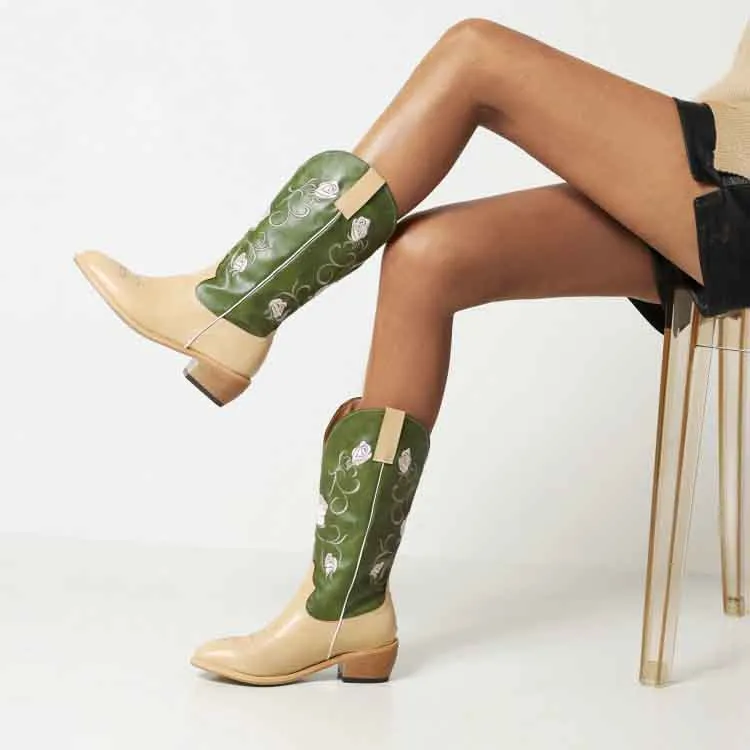 Women's Embroidered Printed Western Cowgirl Boots Mid Calf Chunky Heel Boots
