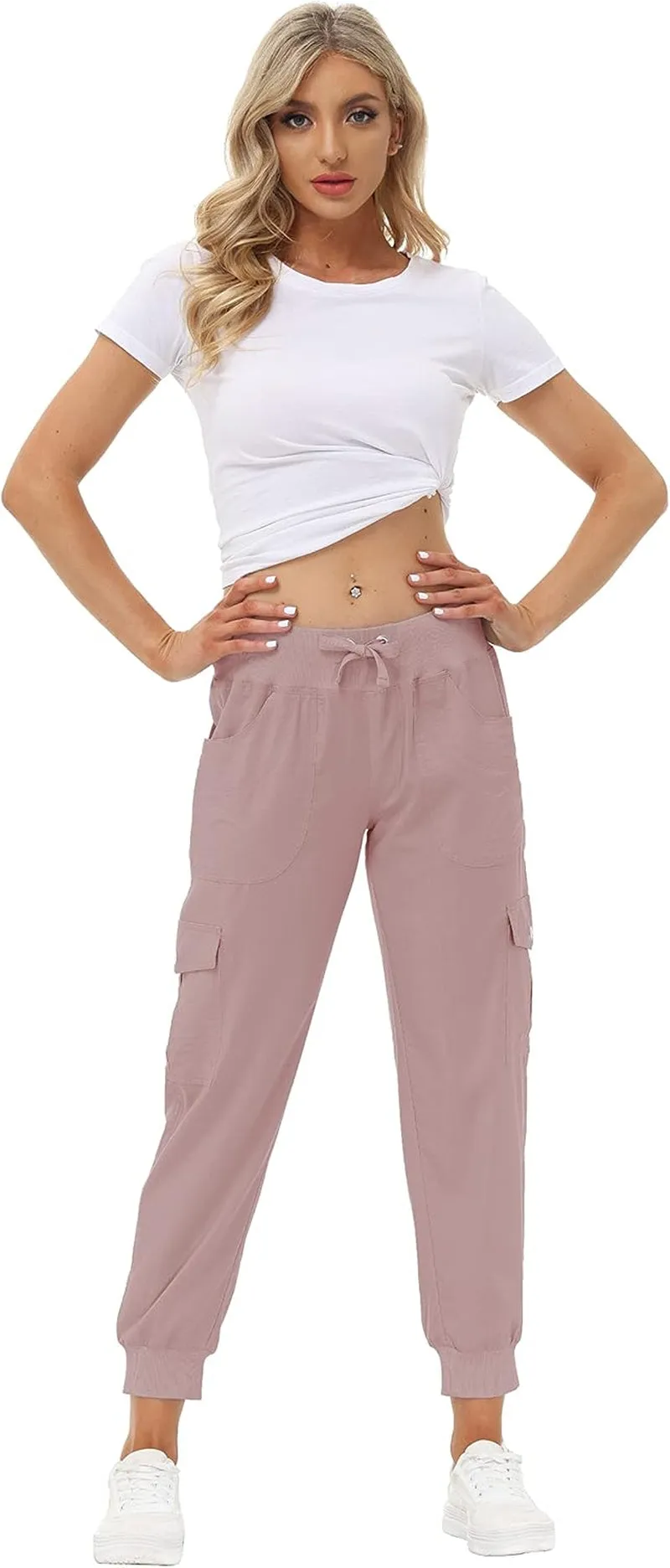 Women'S Lightweight Hiking Cargo Pants Outdoor Quick Dry Casual Travel Sweatpants Joggers Elastic Waist Button Pockets