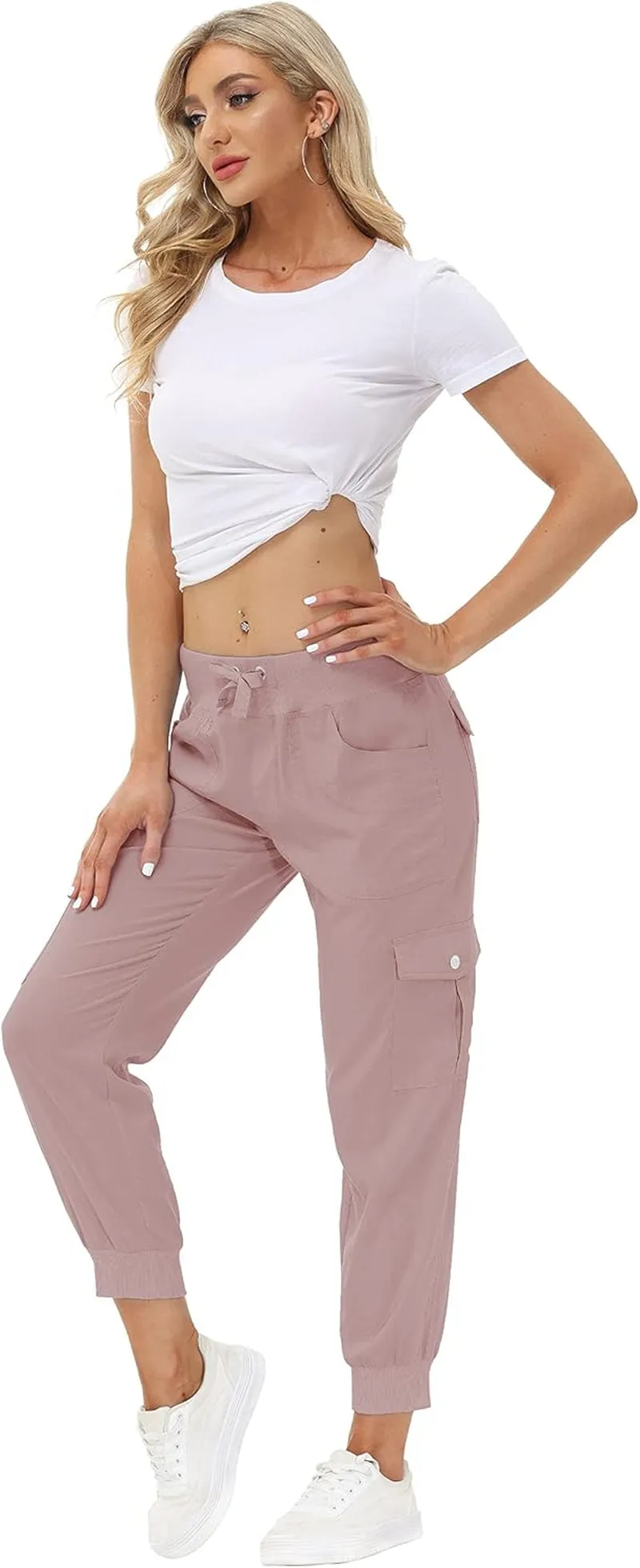Women'S Lightweight Hiking Cargo Pants Outdoor Quick Dry Casual Travel Sweatpants Joggers Elastic Waist Button Pockets