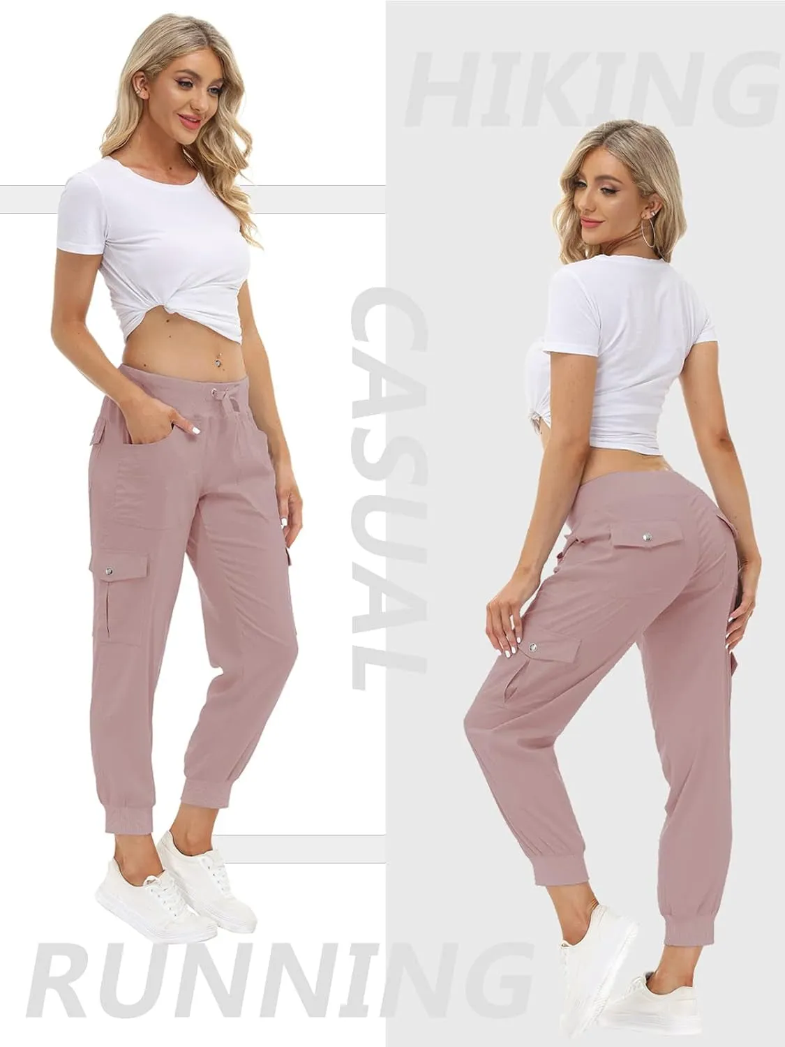 Women'S Lightweight Hiking Cargo Pants Outdoor Quick Dry Casual Travel Sweatpants Joggers Elastic Waist Button Pockets