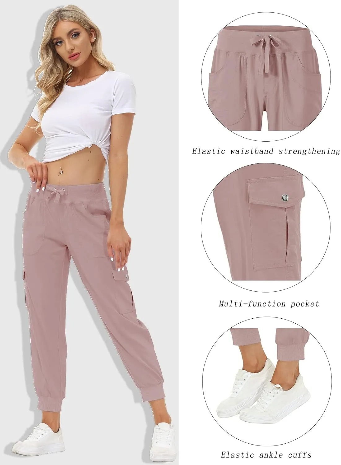 Women'S Lightweight Hiking Cargo Pants Outdoor Quick Dry Casual Travel Sweatpants Joggers Elastic Waist Button Pockets